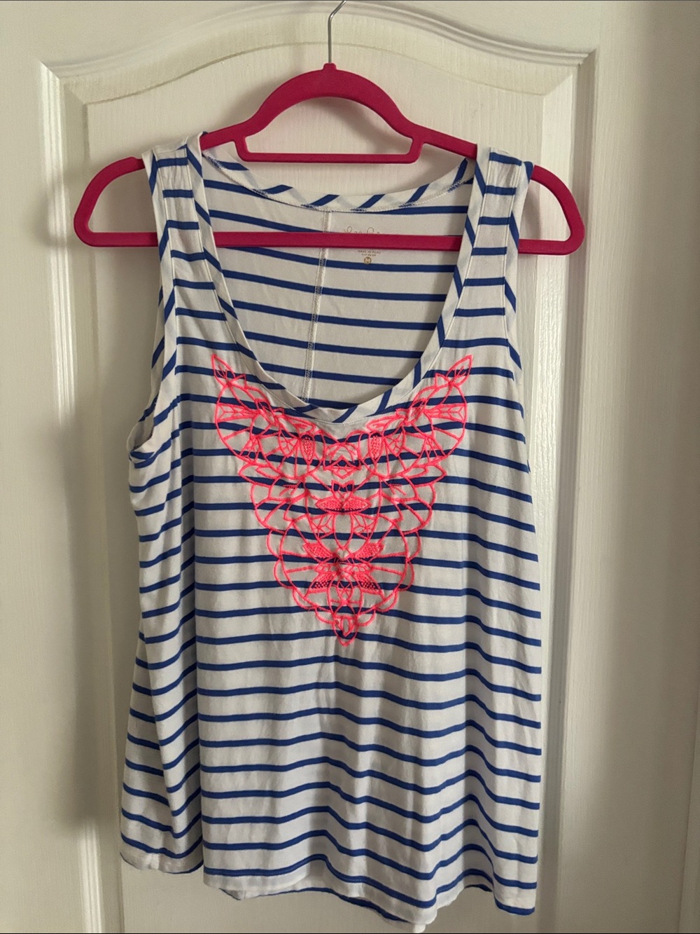 Lilly Pulitzer Striped Blue and White Tank Top with Pink Embroidery size Medium